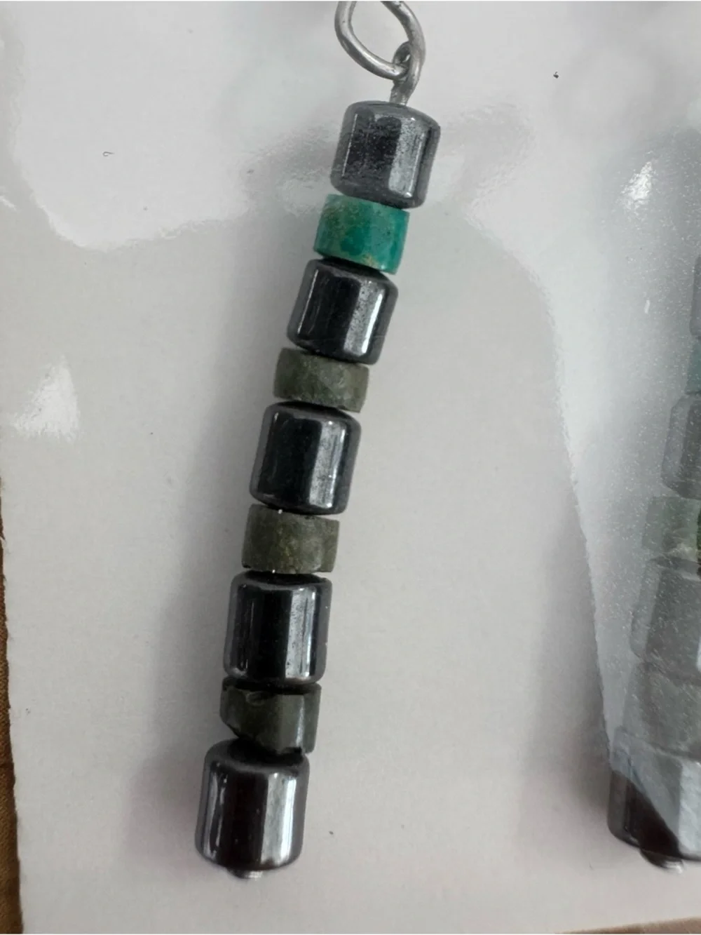 Handmade Black and Green Beaded Drop Earrings - Picture 2 of 4